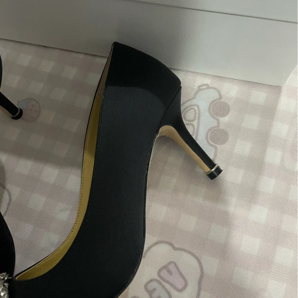 Manolo Blahnik Black Satin Pointed Pumps with Crystal Buckles